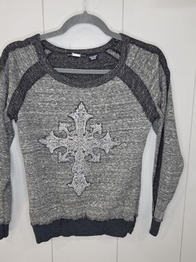 Miss Me Gray Knit Crewneck Sweater with Embellished Cross Womans Size Medium Y2k